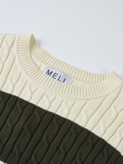 Wide Stripe Cable Knit Sweater - Green/Cream