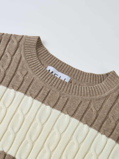 Wide Stripe Cable Knit Sweater - Cream/Heathered Tan