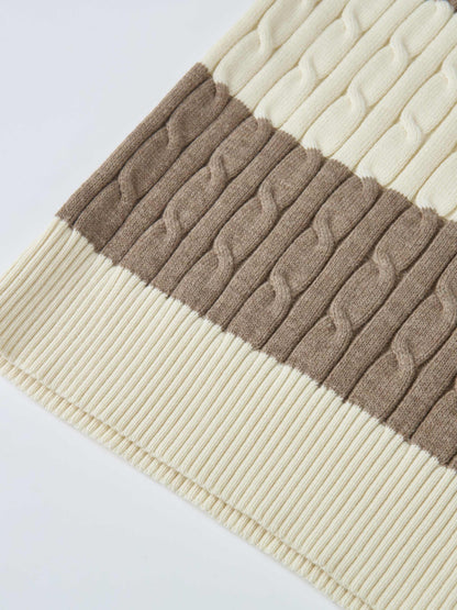 Wide Stripe Cable Knit Sweater - Cream/Heathered Tan