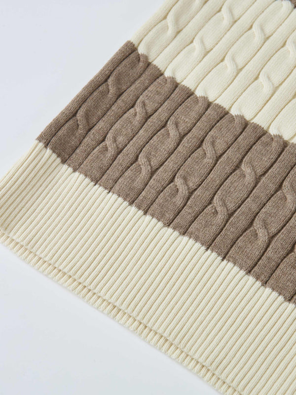Wide Stripe Cable Knit Sweater - Cream/Heathered Tan