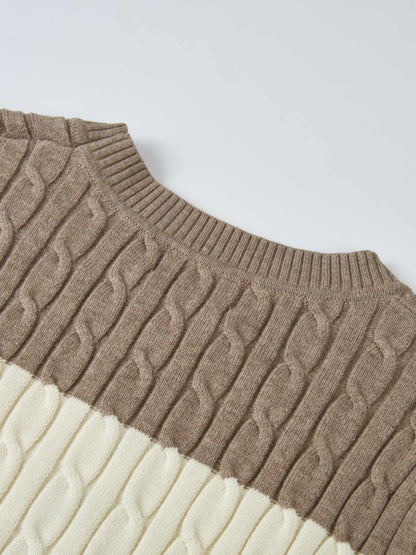 Wide Stripe Cable Knit Sweater - Cream/Heathered Tan