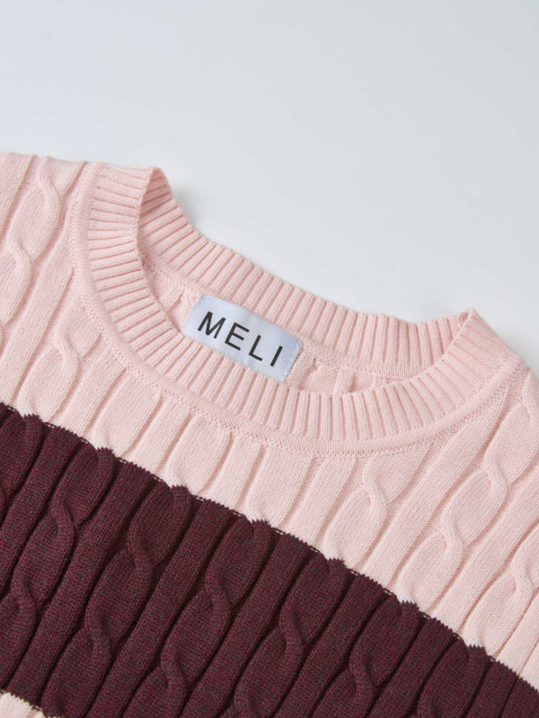 Wide Stripe Cable Knit Sweater -  Burgundy/Pink
