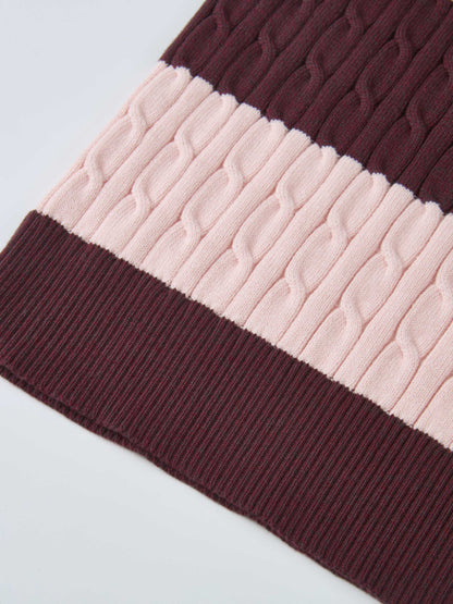 Wide Stripe Cable Knit Sweater -  Burgundy/Pink