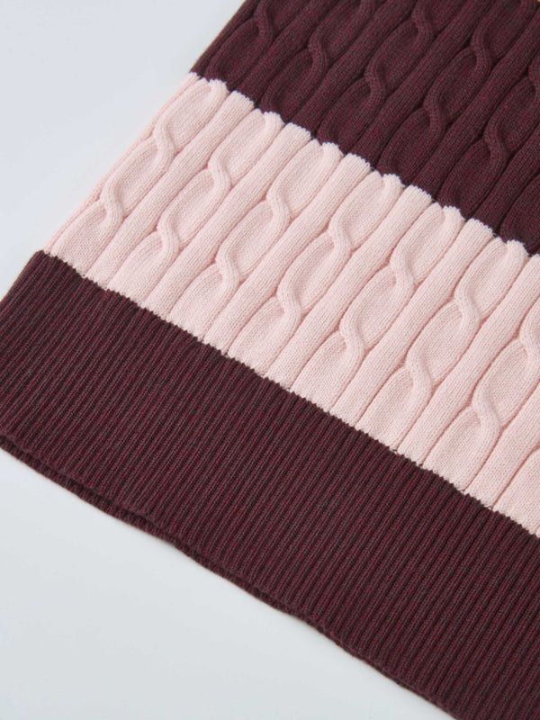 Wide Stripe Cable Knit Sweater -  Burgundy/Pink