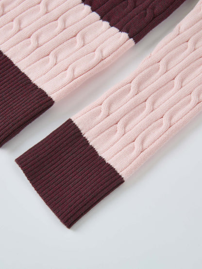 Wide Stripe Cable Knit Sweater -  Burgundy/Pink