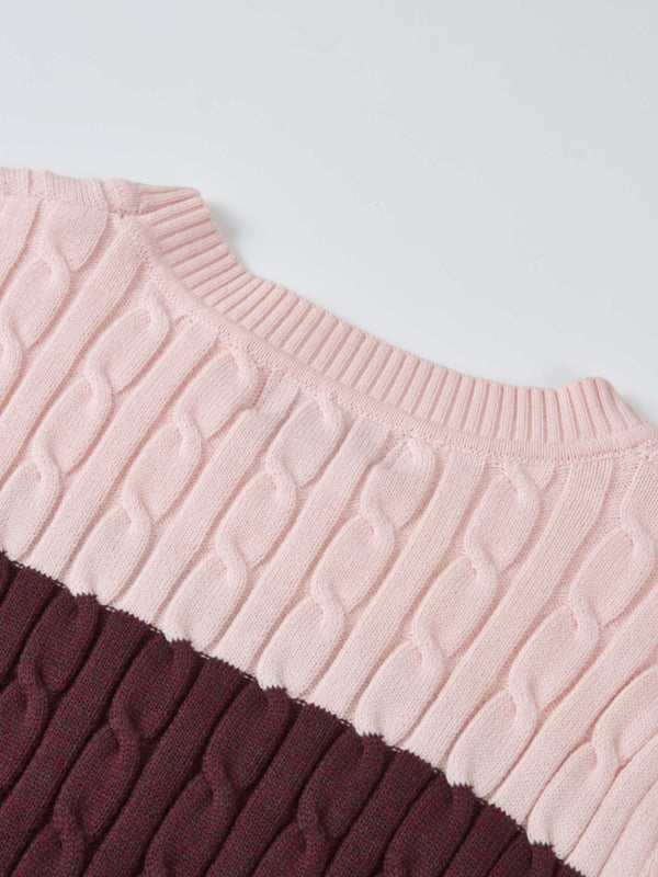 Wide Stripe Cable Knit Sweater -  Burgundy/Pink
