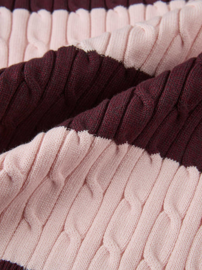 Wide Stripe Cable Knit Sweater -  Burgundy/Pink