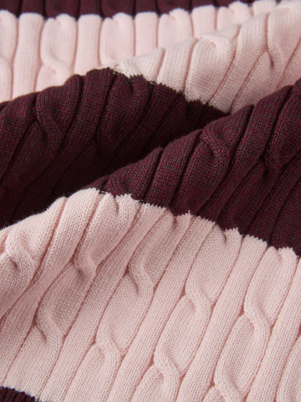 Wide Stripe Cable Knit Sweater -  Burgundy/Pink