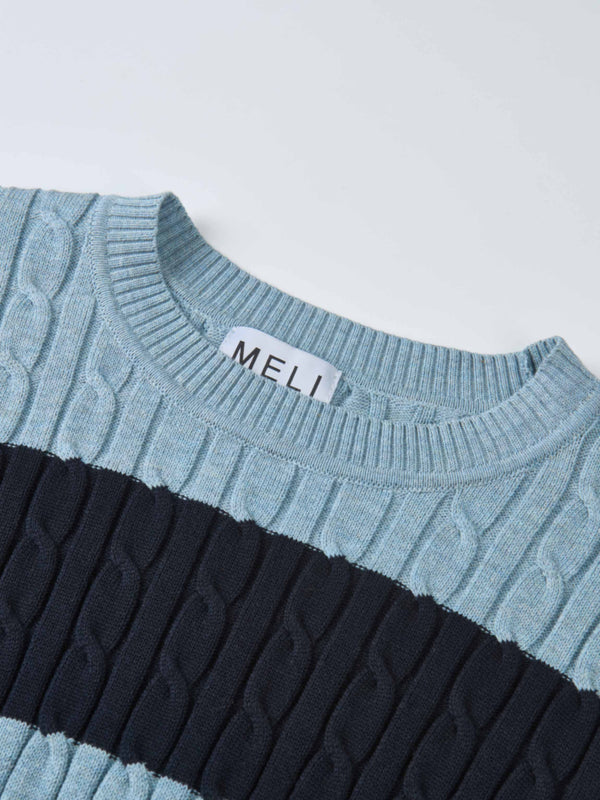 Wide Stripe Cable Knit Sweater - Navy/Heathered Blue