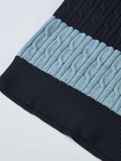 Wide Stripe Cable Knit Sweater - Navy/Heathered Blue