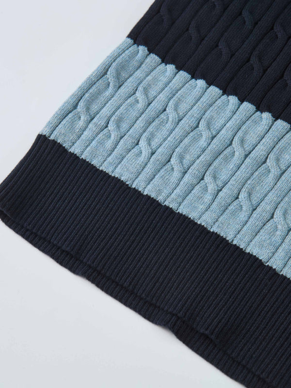 Wide Stripe Cable Knit Sweater - Navy/Heathered Blue