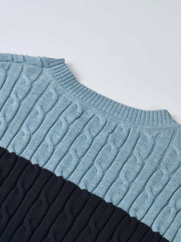 Wide Stripe Cable Knit Sweater - Navy/Heathered Blue