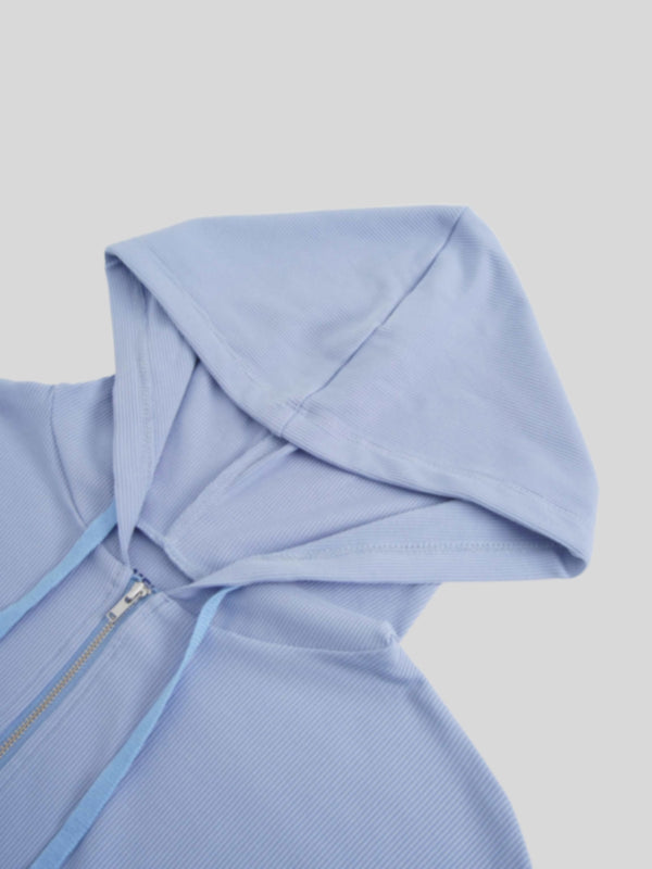 Ribbed Half Zip Hoodie Tee-Sky Blue