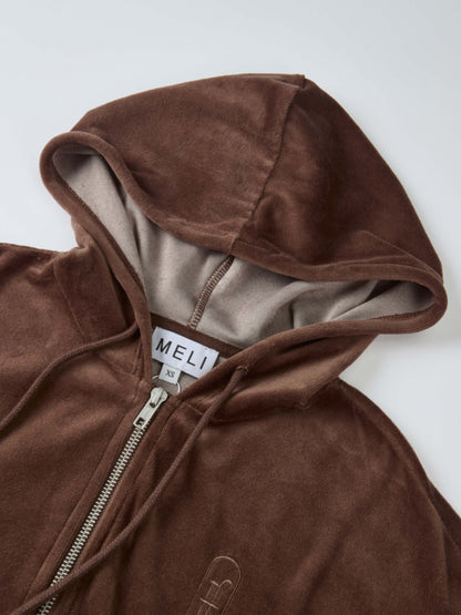 Velour Full Zip Hoodie - Brown