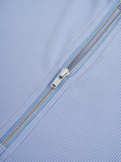 Ribbed Half Zip Hoodie Tee-Sky Blue