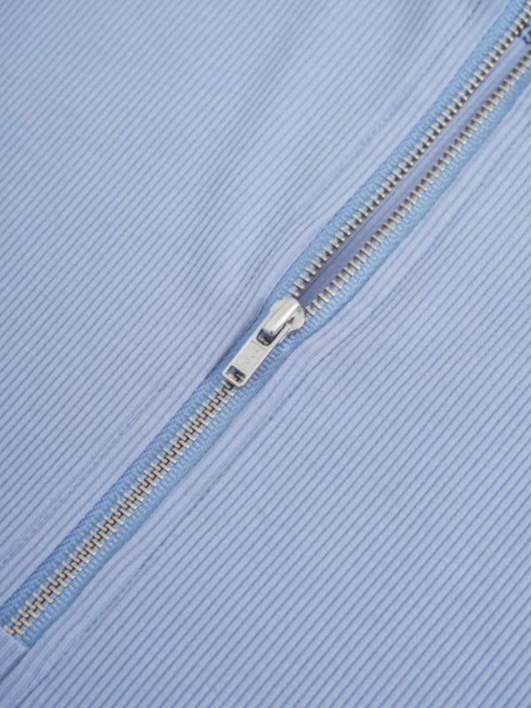 Ribbed Half Zip Hoodie Tee-Sky Blue
