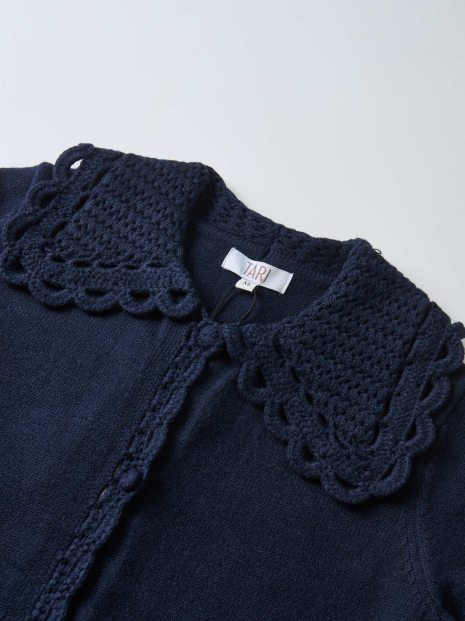 Scalloped Crochet Collar Cardigan - Navy