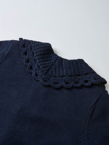 Scalloped Crochet Collar Cardigan - Navy