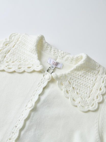Scalloped Crochet Collar Cardigan - Cream