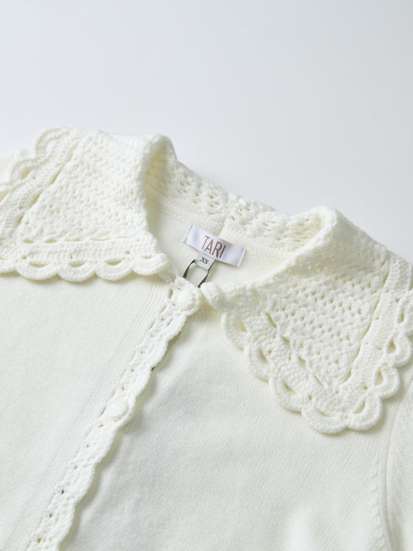 Scalloped Crochet Collar Cardigan - Cream