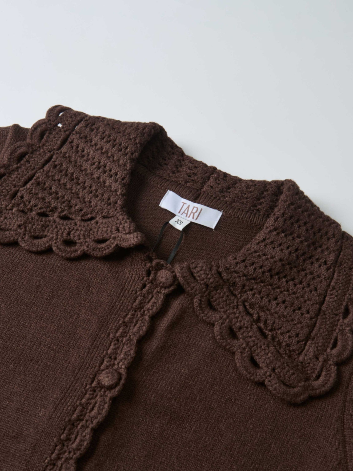 Scalloped Crochet Collar Cardigan - Brown