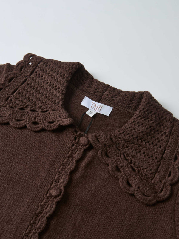 Scalloped Crochet Collar Cardigan - Brown