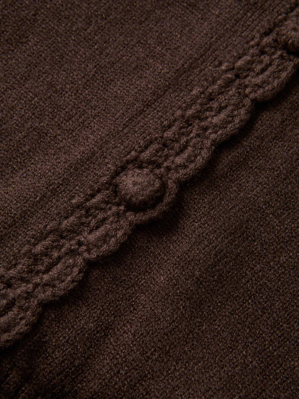 Scalloped Crochet Collar Cardigan - Brown