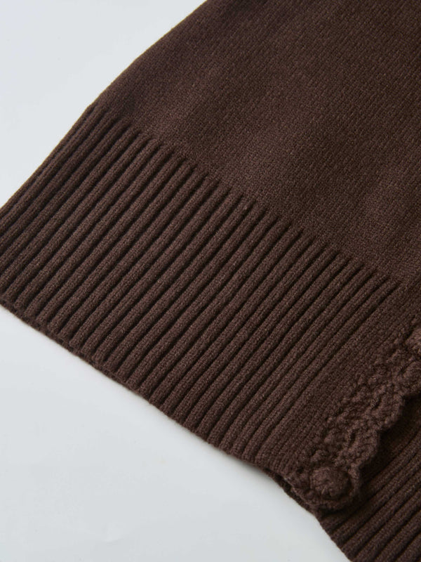 Scalloped Crochet Collar Cardigan - Brown