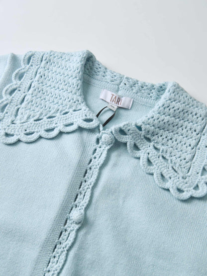 Scalloped Crochet Collar Cardigan - Light Blue