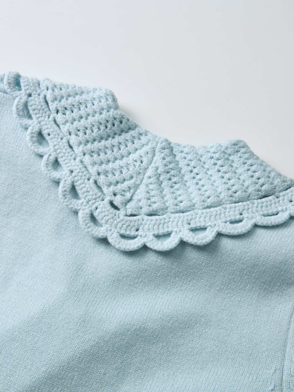 Scalloped Crochet Collar Cardigan - Light Blue