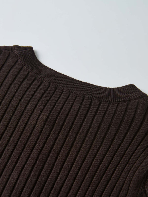 Soft Thin Ribbed Banded Sweater - Brown