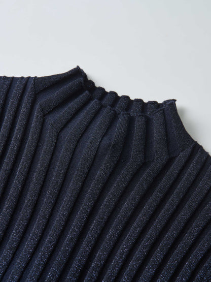 Lurex Ribbed Mock Neck Sweater - Navy