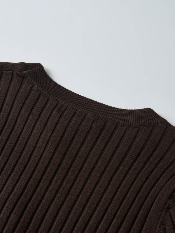 V Ribbed Sweater - Brown