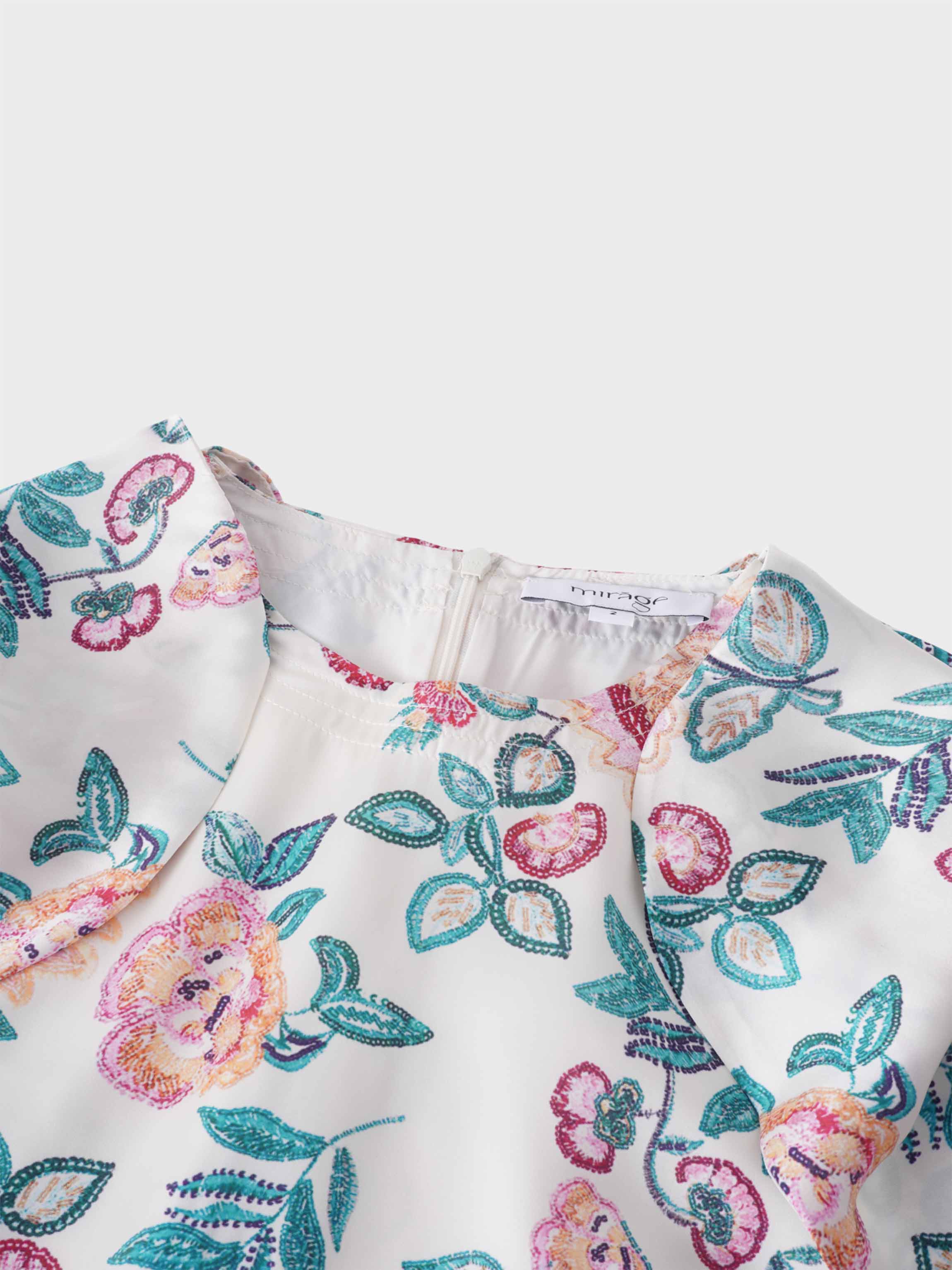 Ruffle Sleeve Belted Dress-Aqua/Pink Floral