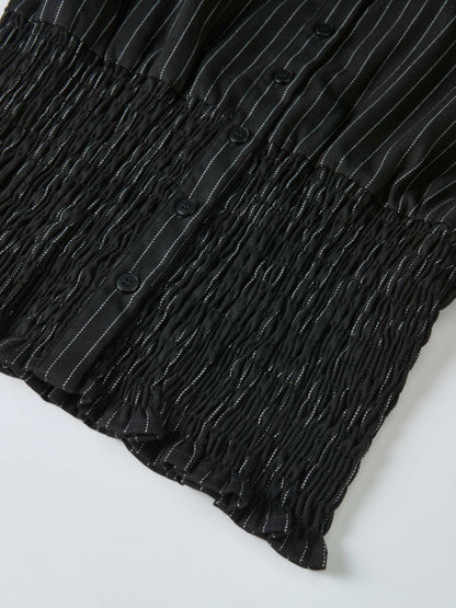 Smocked Detail Pinstripe Blouse - Black Pinstripe
