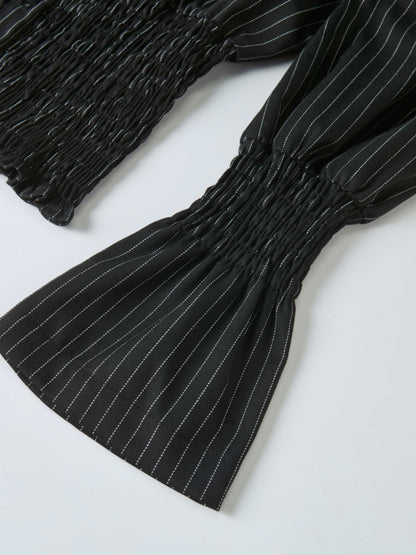 Smocked Detail Pinstripe Blouse - Black Pinstripe