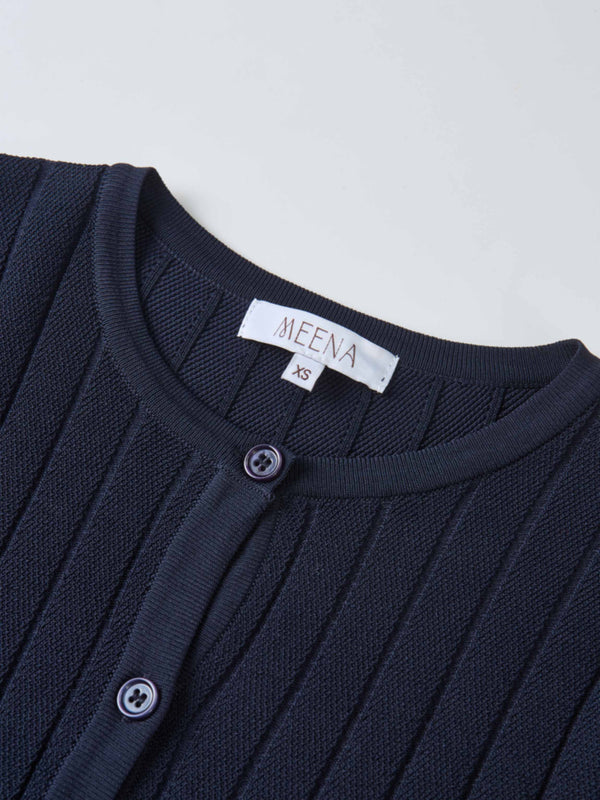 Silk Knit Ribbed Cardigan 20" - Navy