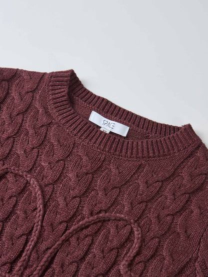 Braided Heart Cable Sweater - Burgundy