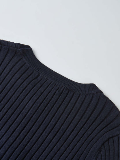 Soft Thin Ribbed Banded Sweater - Navy