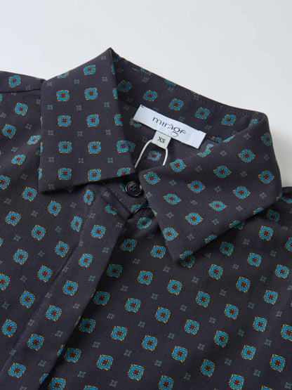 Basic Aline Belted Dress - Navy Geometric