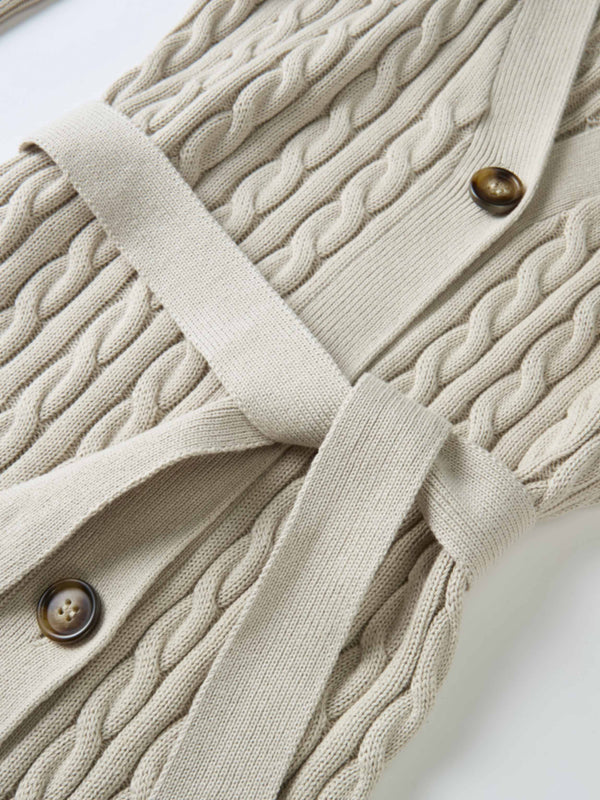 Cable Belted Long Sweater Dress - Tan
