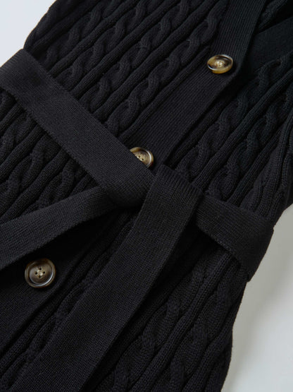 Cable Belted Long Sweater Dress - Black