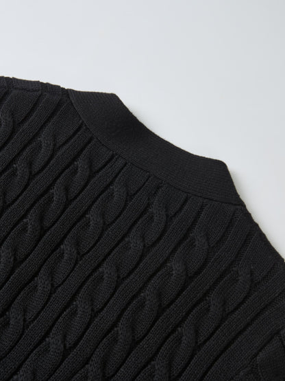Cable Belted Long Sweater Dress - Black