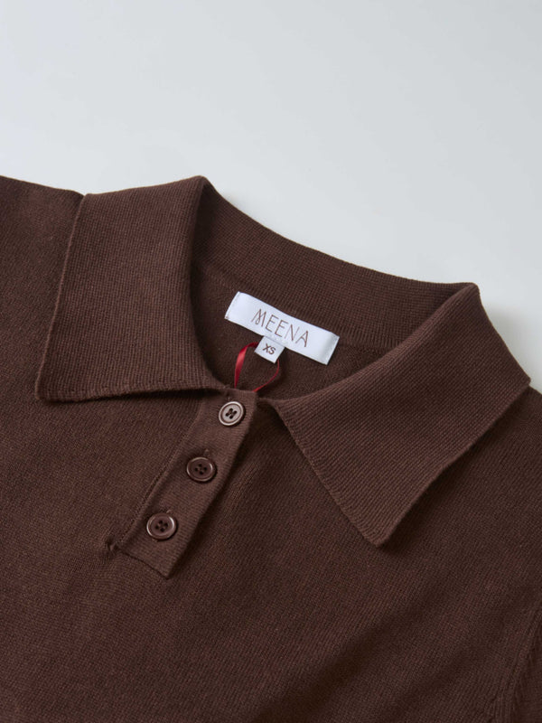 Knit Polo Top Pleat Dress - Brown
