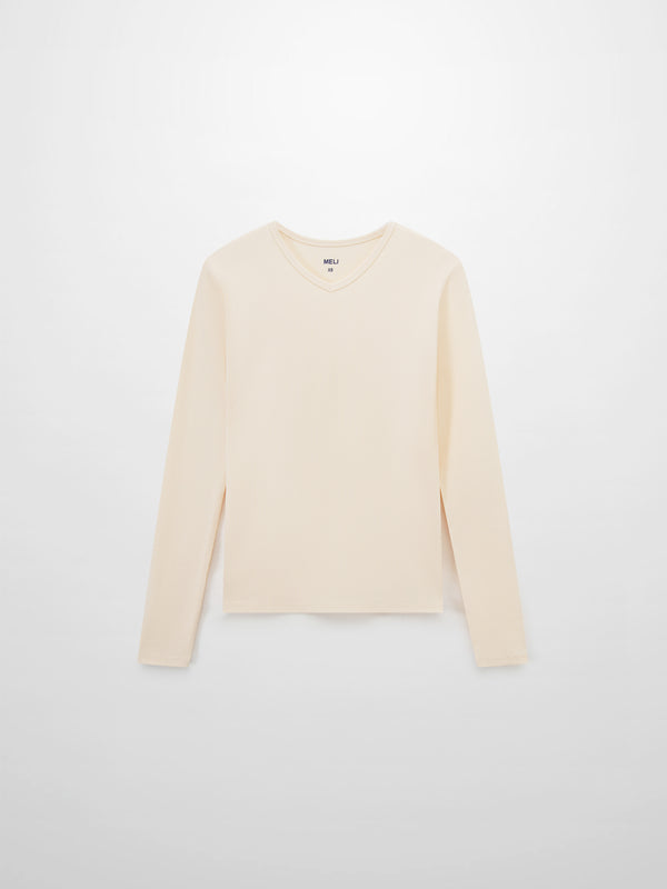 Soft Ribbed High V Tee-Cream