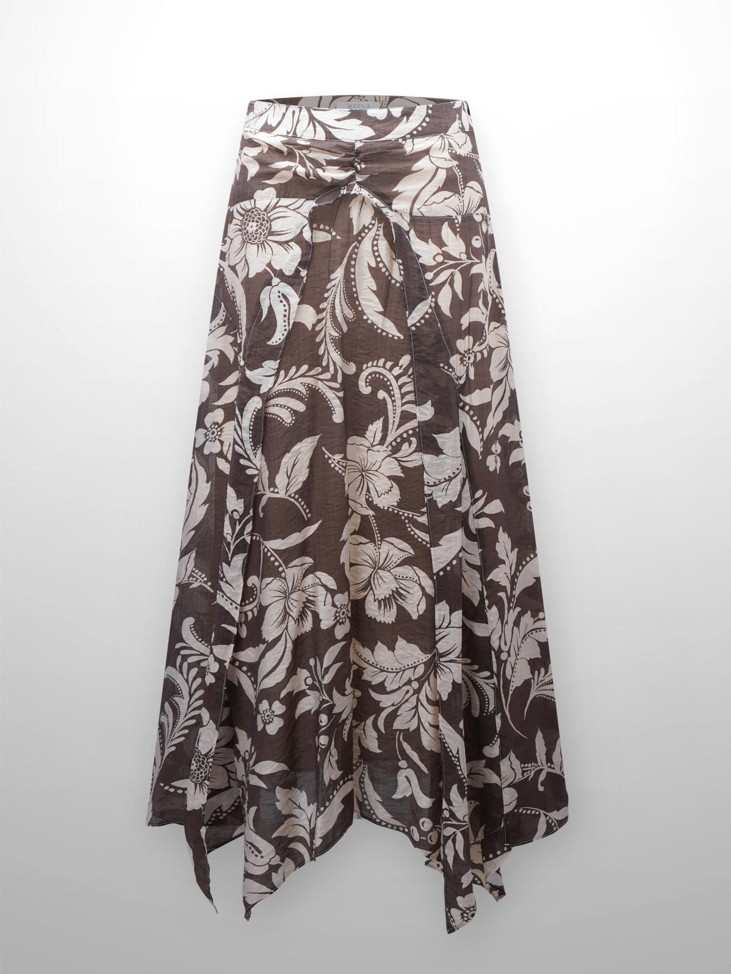 Asymmetrical Hem Ruffle Skirt-Brown Floral