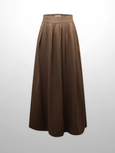Gathered Waist Linen Skirt-Brown