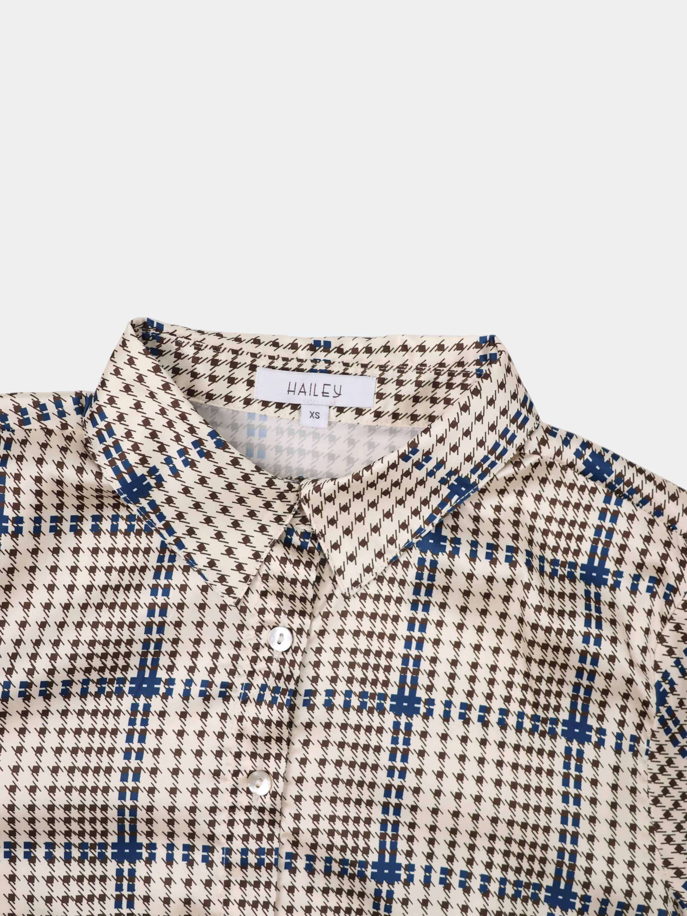 Button Down Faux Satin Blouse-Brown Houndstooth