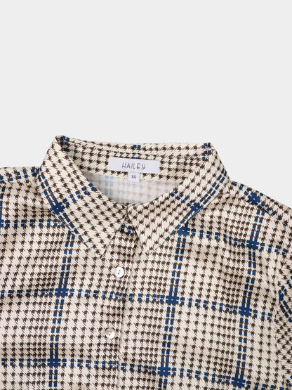 Button Down Faux Satin Blouse-Brown Houndstooth