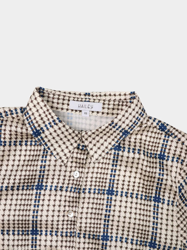 Button Down Faux Satin Blouse-Brown Houndstooth
